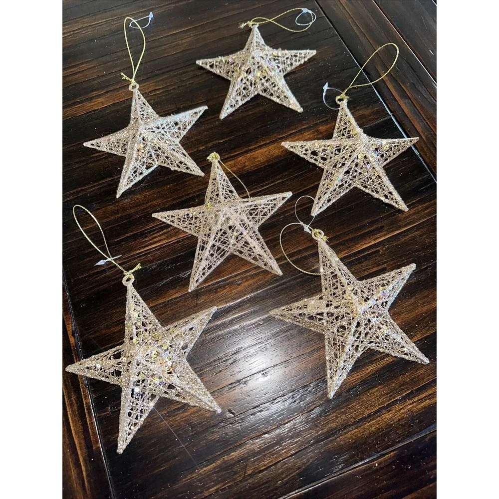 GOLD STAR ORNAMENTS‎ Champagne Glitter Wire Star Set of 6 Christmas Decor 5